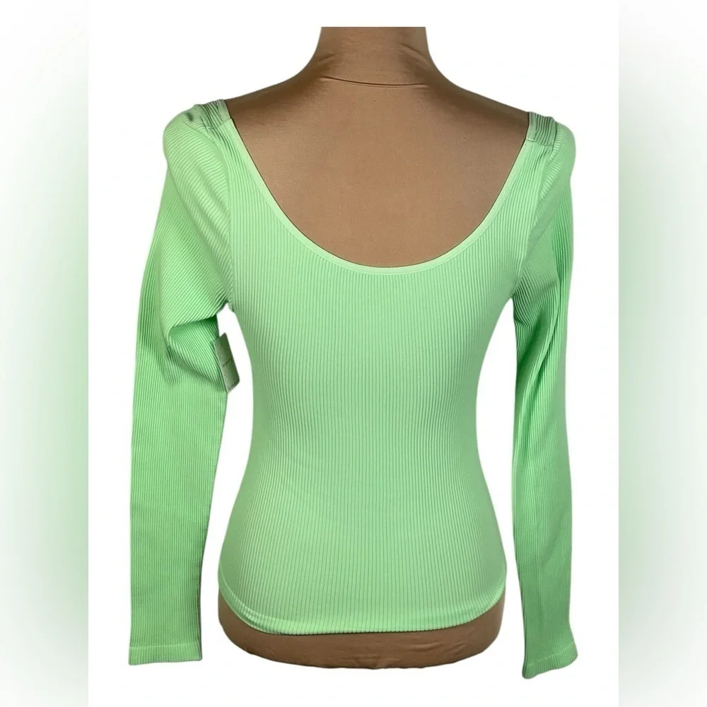 Free People Meg Rib Long Sleeve Cropped Top Light Green Size L/XL NWT